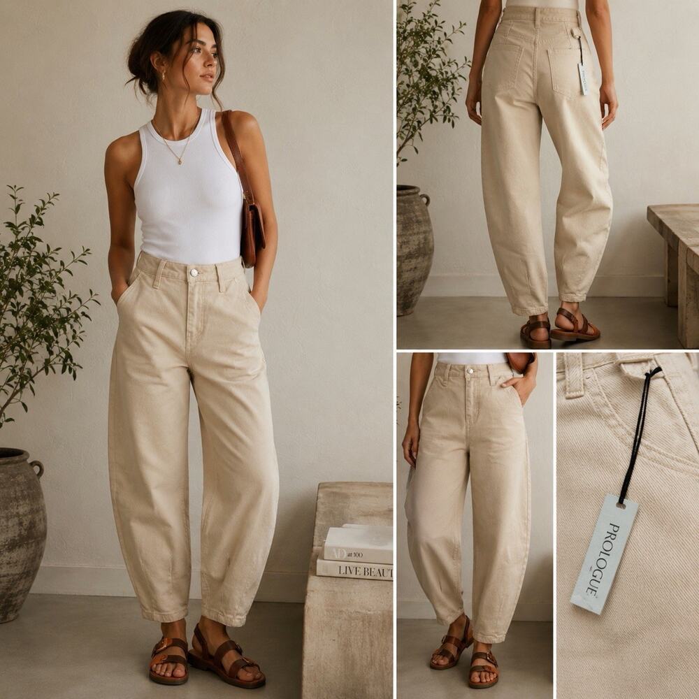 Prologue Women’s Size 2 Beige Barrel Leg Pants High Rise Tapered Minimalist NWT